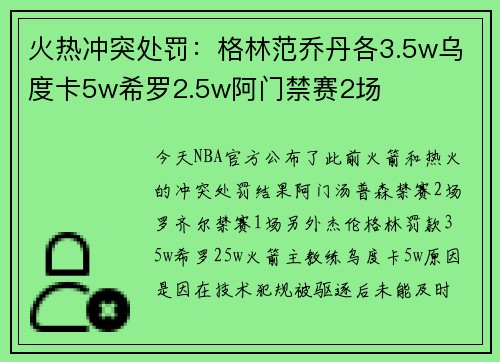 火热冲突处罚：格林范乔丹各3.5w乌度卡5w希罗2.5w阿门禁赛2场