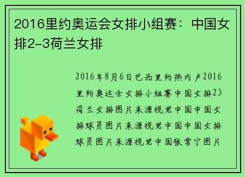 2016里约奥运会女排小组赛：中国女排2-3荷兰女排