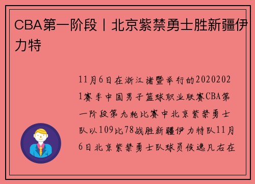 CBA第一阶段丨北京紫禁勇士胜新疆伊力特